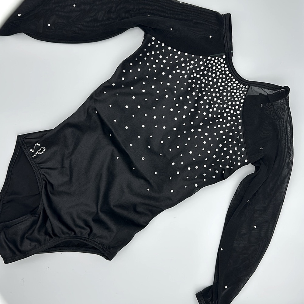 Sylvia P Black Crystal Embellished Sheer Sleeve Gymnastics Leotard Body suit Sz8